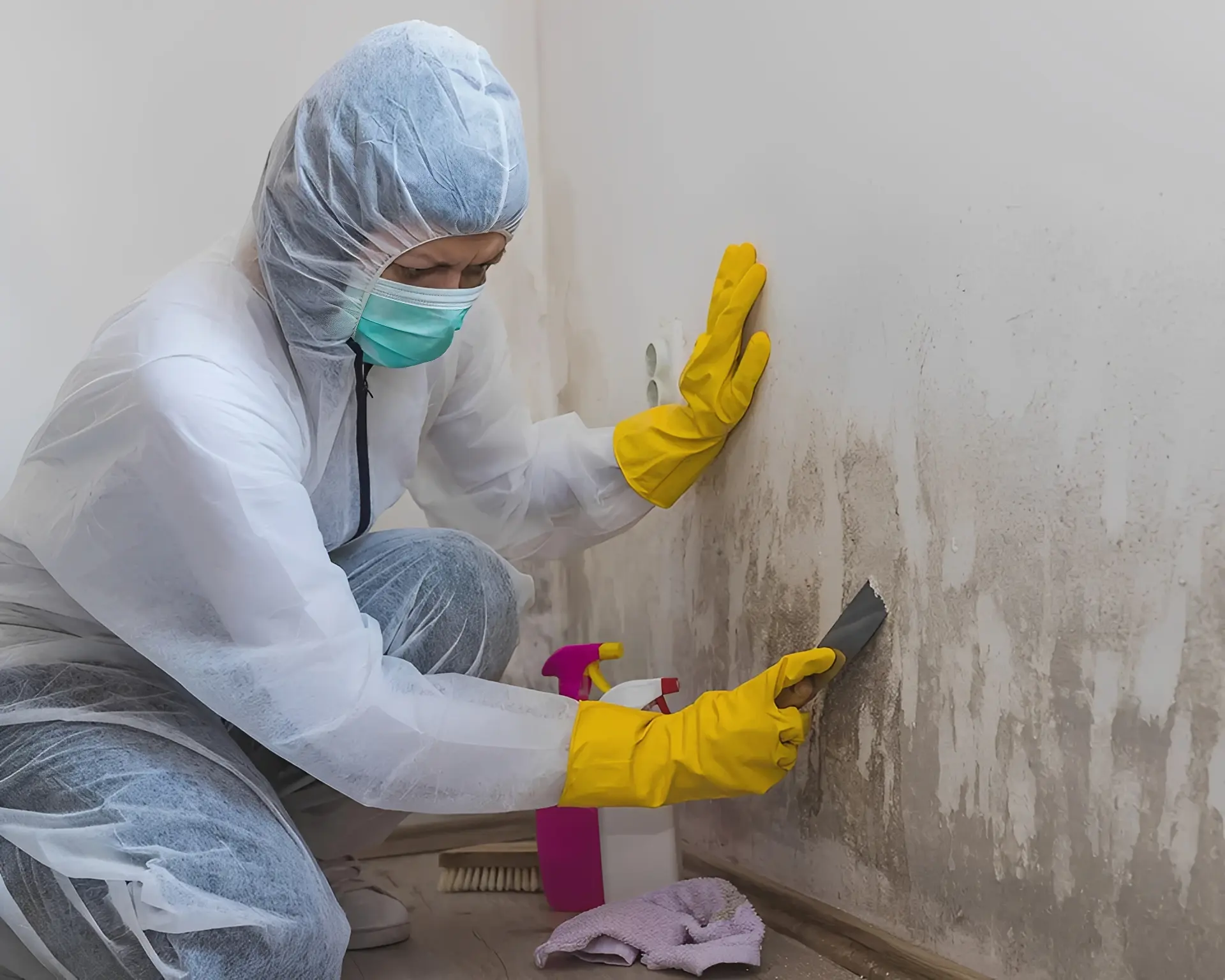 Person removing mold from wall