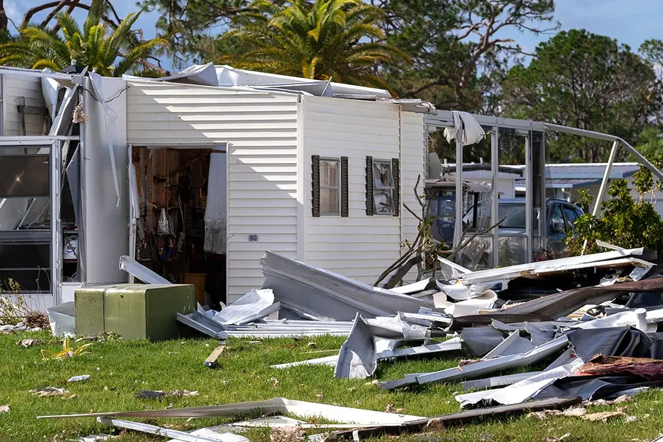 Damaged mobile home after storm