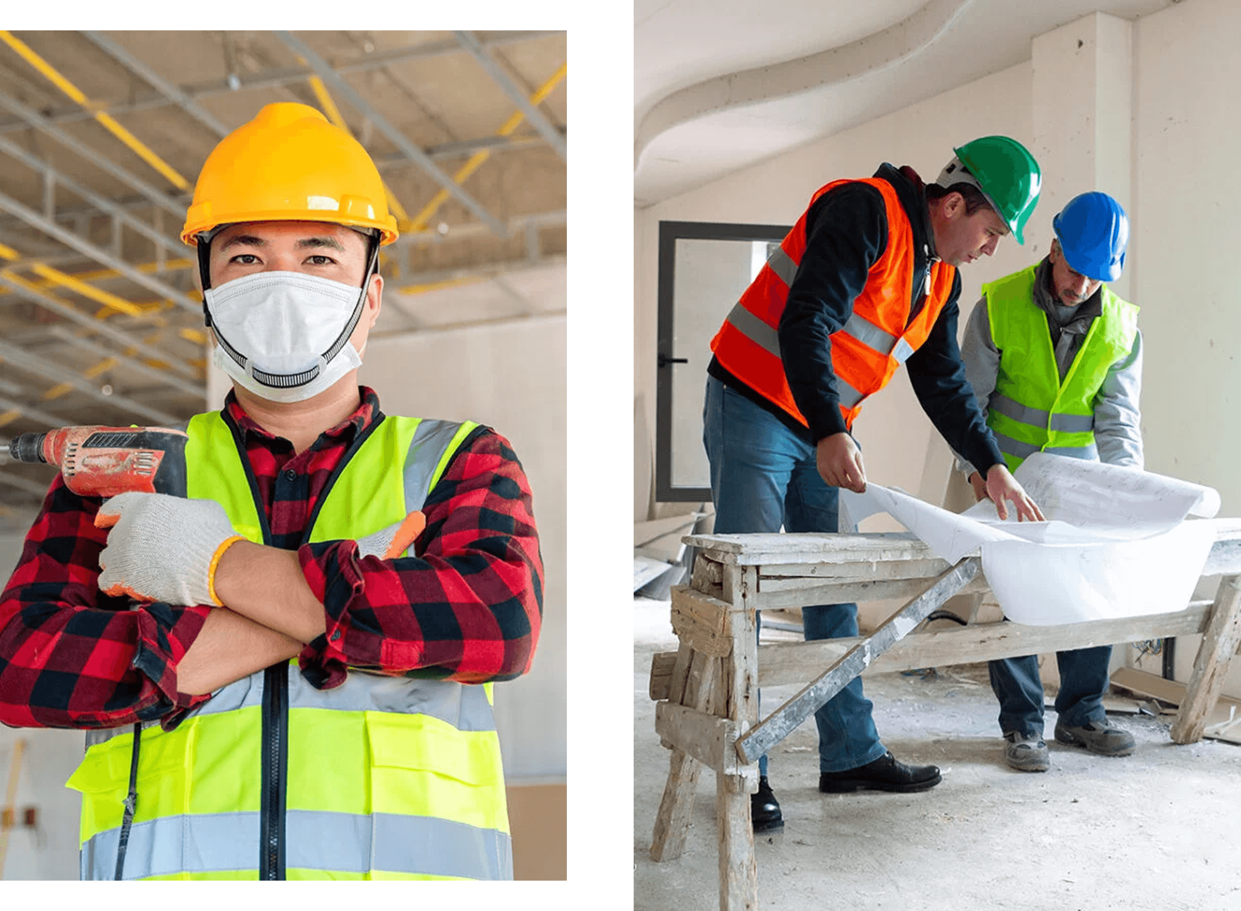 Construction worker with drill and safety gear