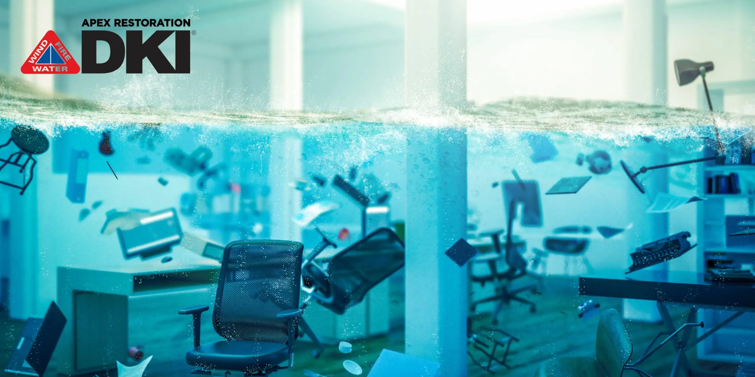 Water-filled office environment with floating items