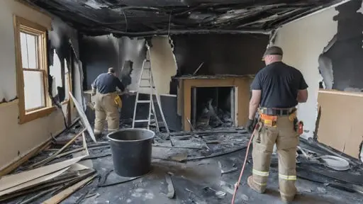 Firefighters inspecting fire-damaged room