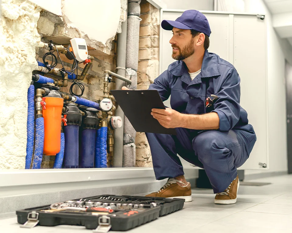 Worker checking water filtration setup