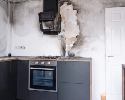 Kitchen fire aftermath with soot stains